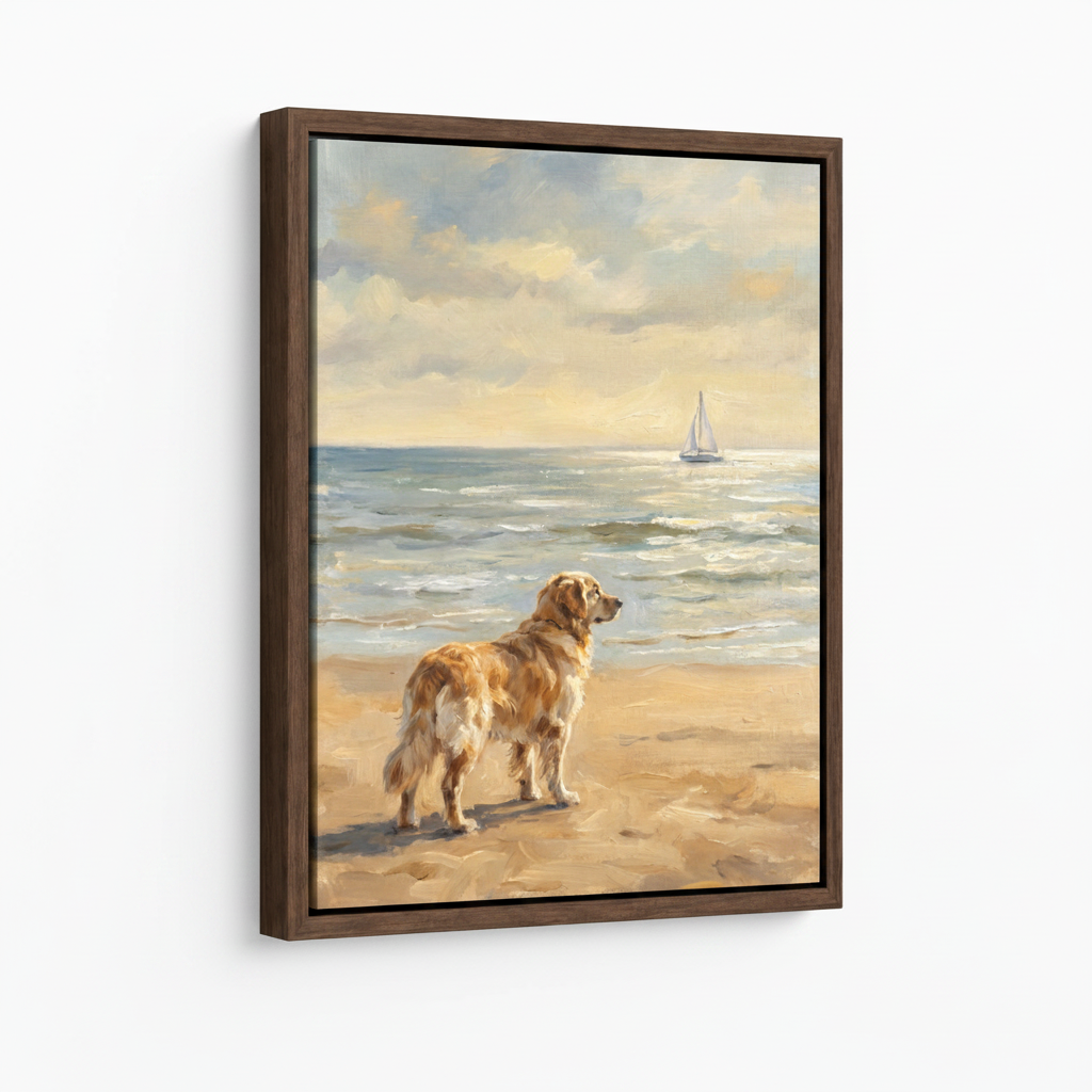 Framed canvas wall art of a golden retriever on the beach, dark walnut floating frame, angled product view