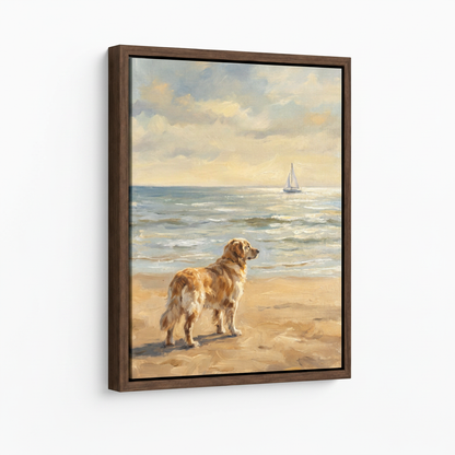 Framed canvas wall art of a golden retriever on the beach, dark walnut floating frame, angled product view