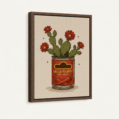 Retro cactus tin can canvas in dark walnut float frame at 3/4 angle on white background
