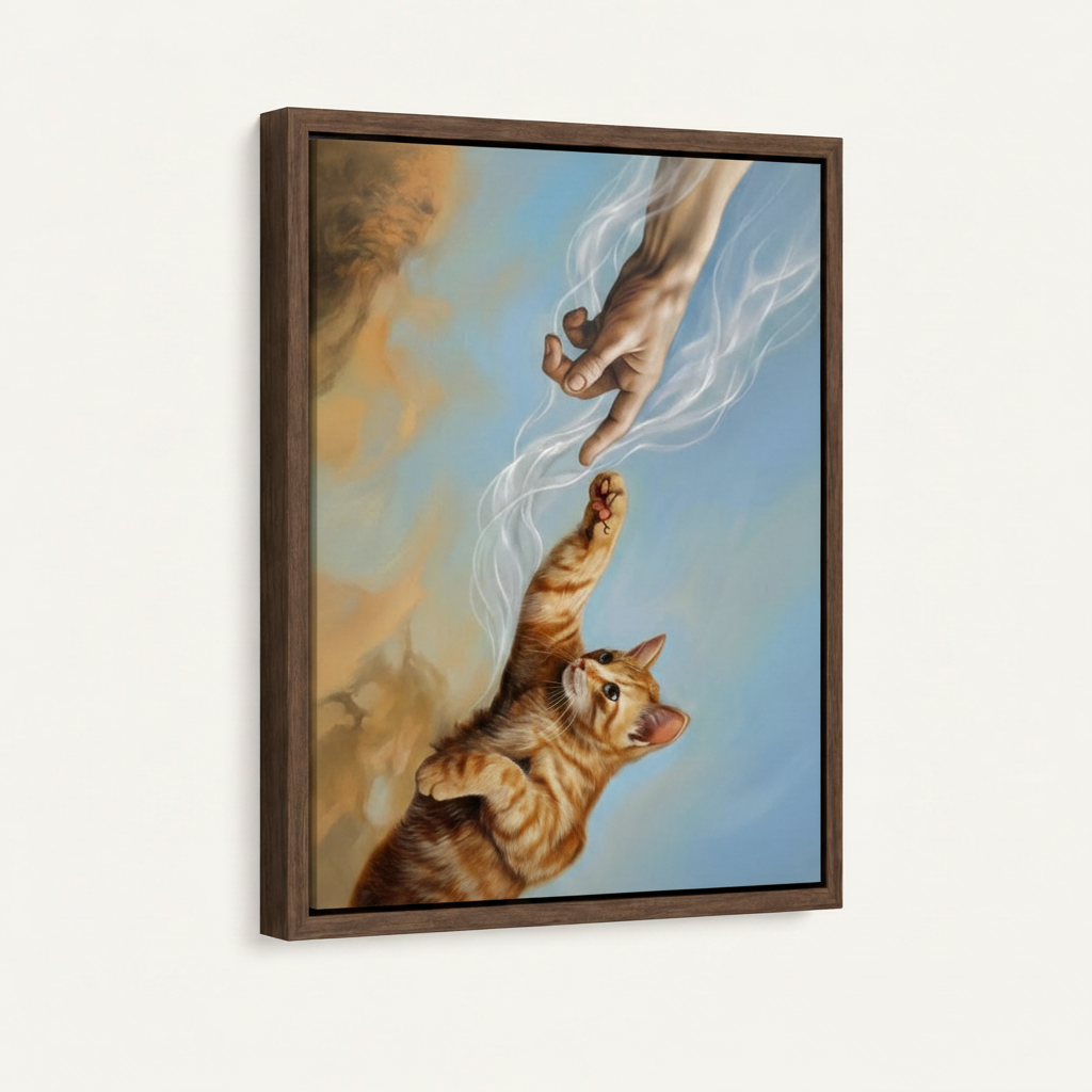 Framed canvas cat Creation of Adam with blue sky background shown in left-side perspective
