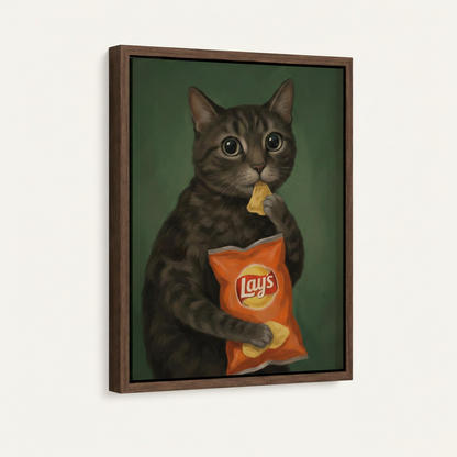 Framed canvas of a tabby cat holding Lay's chips bag, dark walnut frame, angled product view on white background