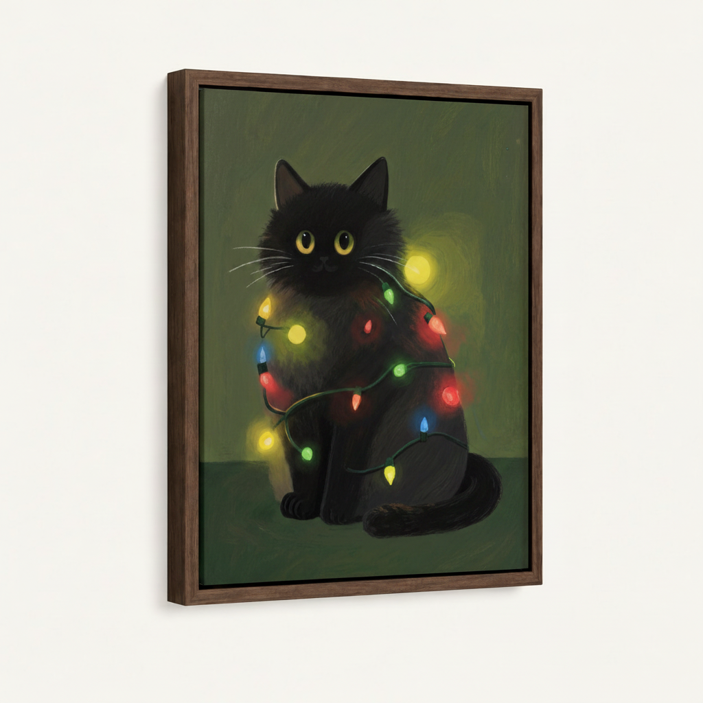 Dark walnut float frame canvas of a wide-eyed black cat with colorful glowing string lights, angled product view