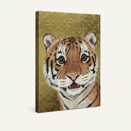 Stretched gallery wrap canvas of baby tiger portrait with gold color-wrapped edges, 3/4 angle product view