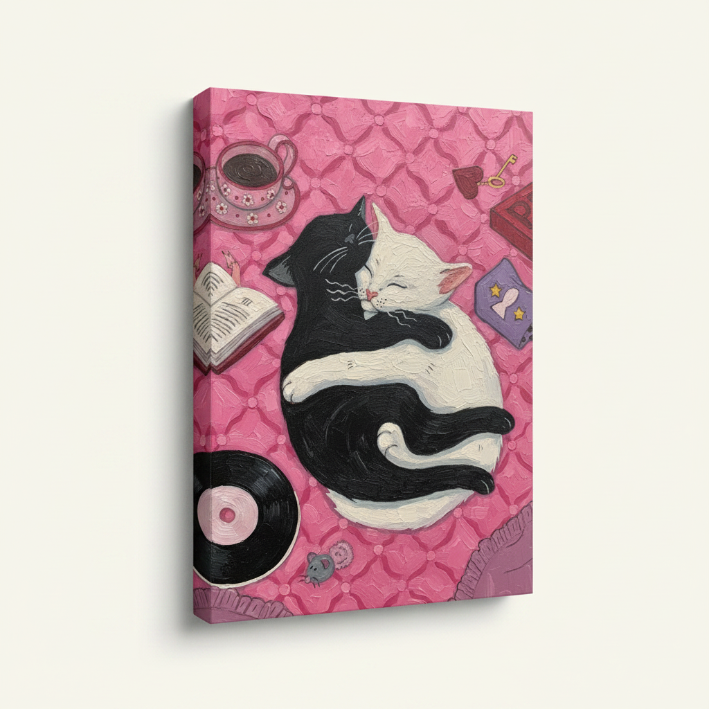 Gallery wrap canvas print of black and white cats cuddling shown at angle on cream background