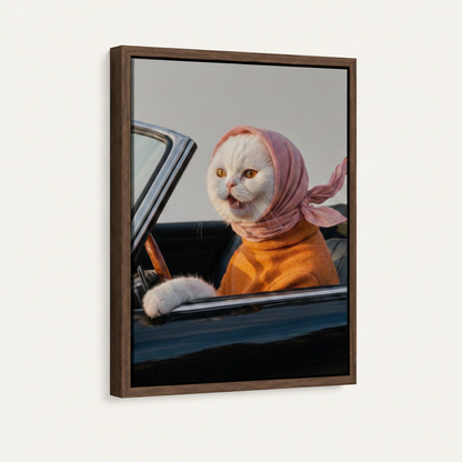 Float-frame driving cat canvas wall art angled product view on clean white background