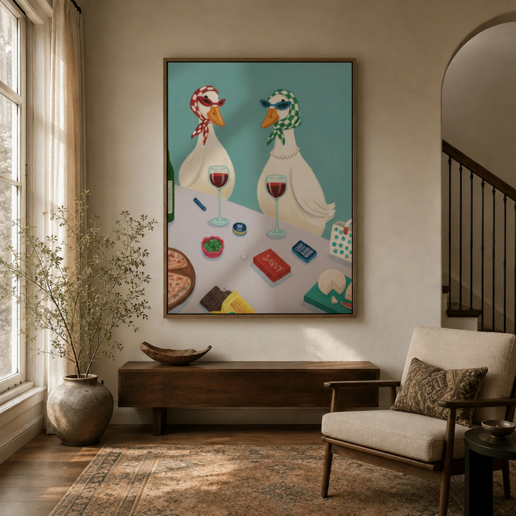 Funny animal wall art of wine-drinking geese hung in a cozy entryway with natural light