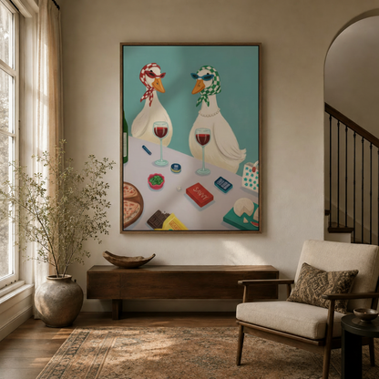 Funny animal wall art of wine-drinking geese hung in a cozy entryway with natural light