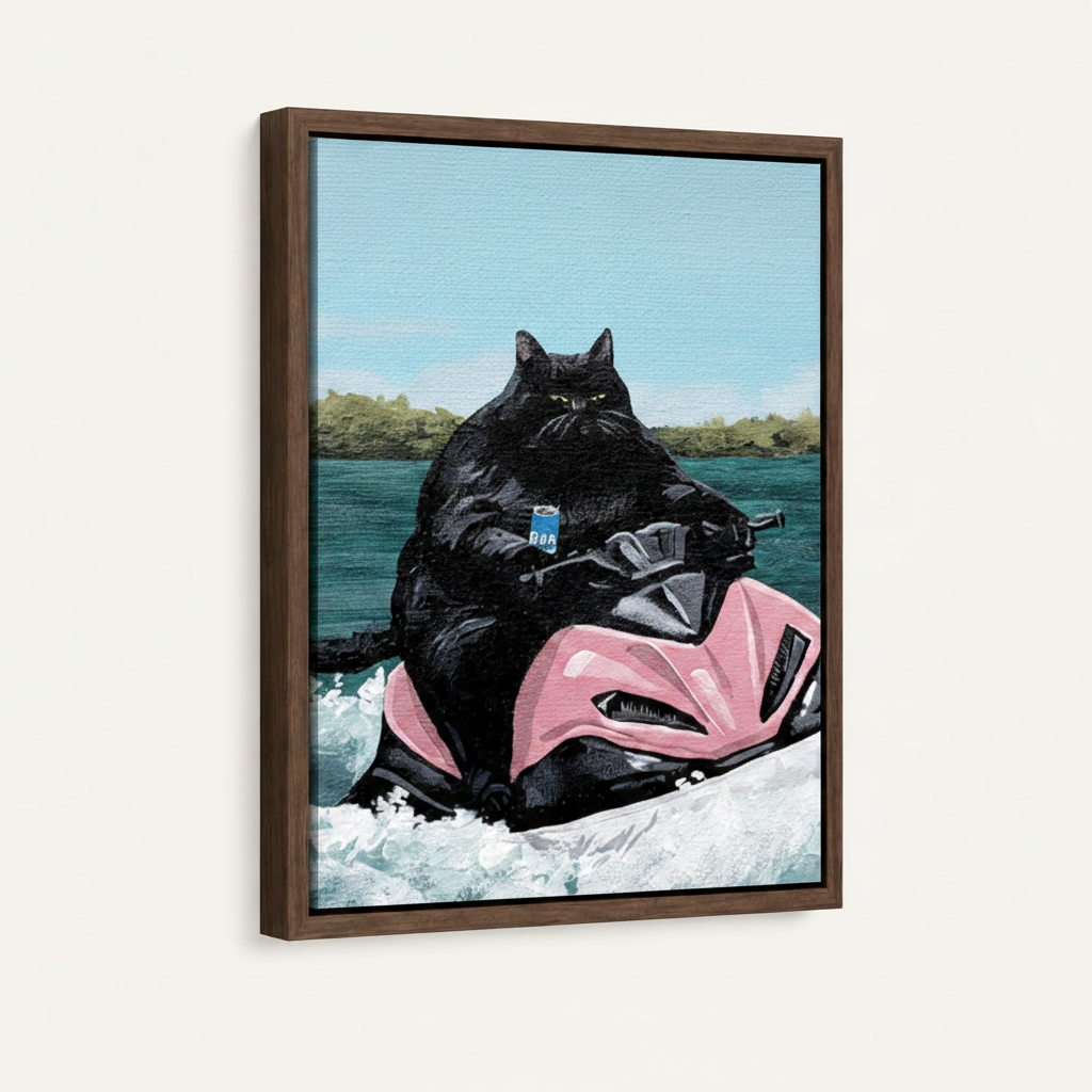 Fat black cat jet ski painting in dark walnut float frame, white background product mockup