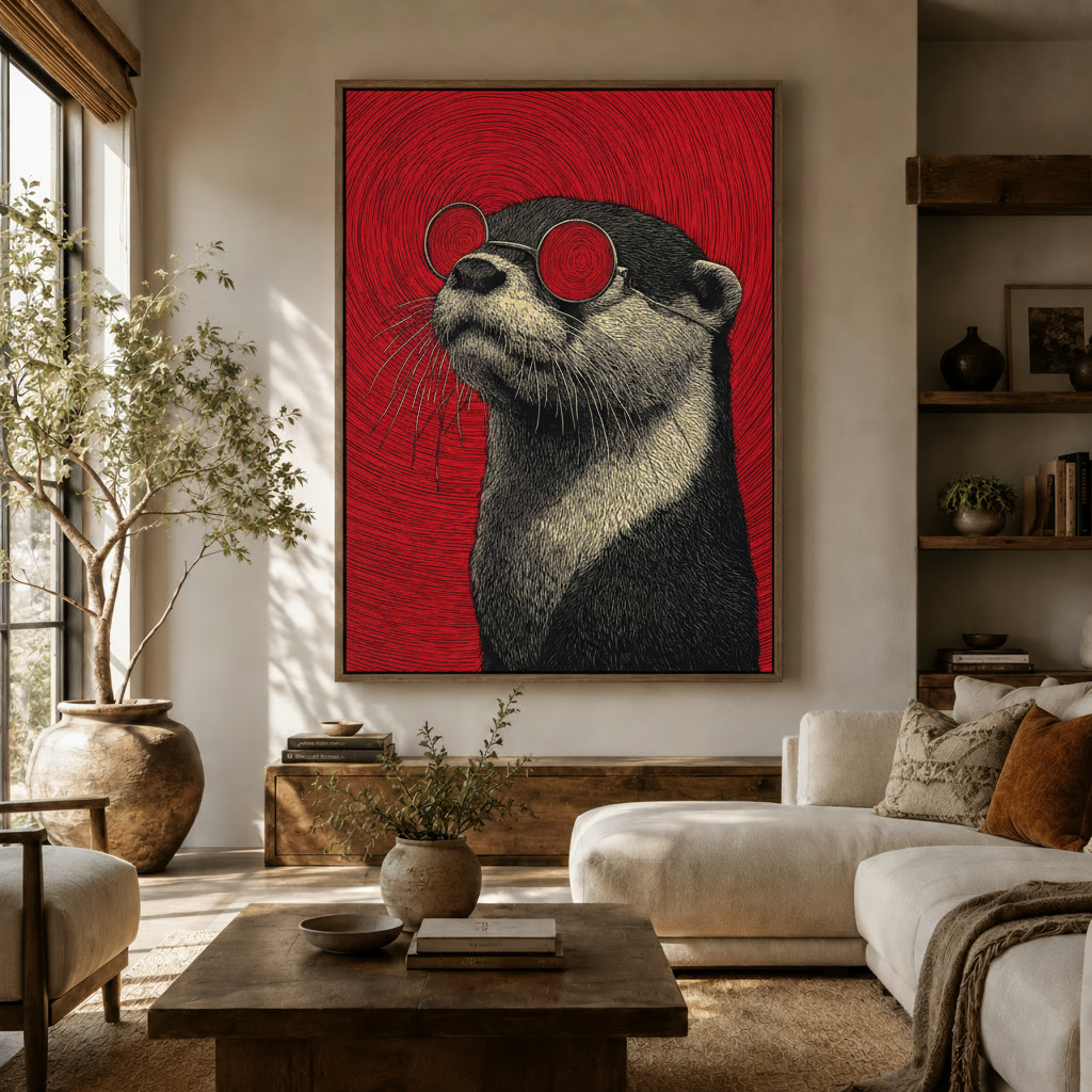 Large framed otter canvas print hung in modern living room above neutral sofa and wood coffee table