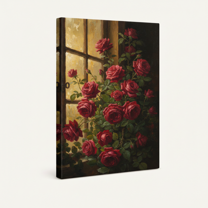 Gallery wrap canvas of classical red roses with golden window light, three-quarter side view