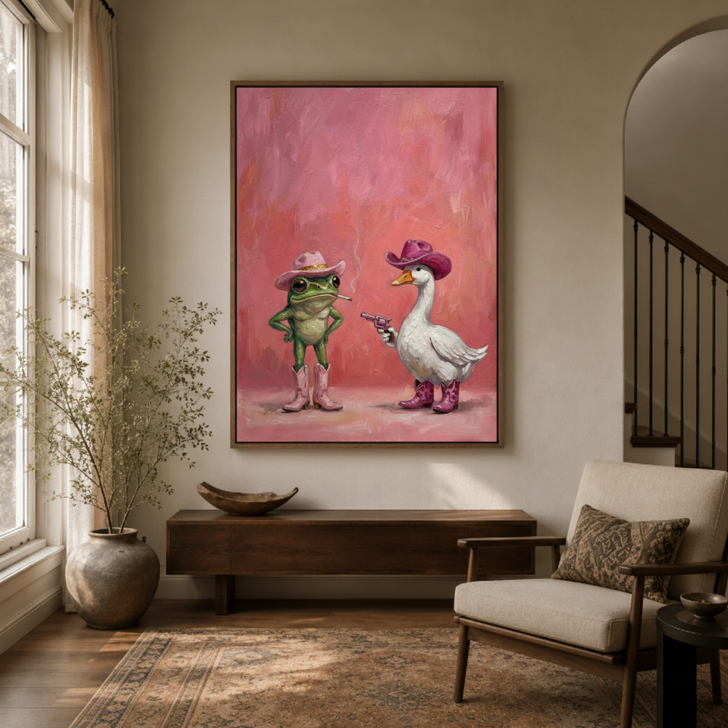 Funny pink cowboy frog duck canvas print in entryway – whimsical western animal wall art as bold statement piece for hallway decor by Aurewall