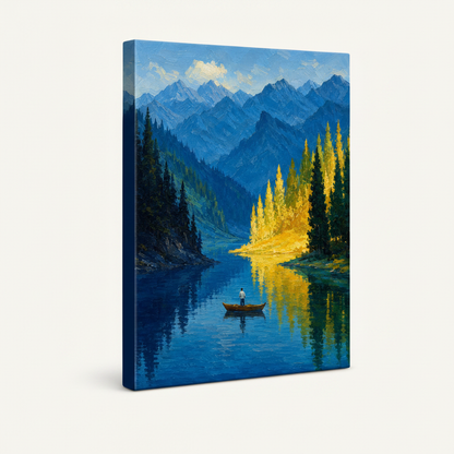 Gallery wrapped canvas of mountain lake painting, deep blue painted sides, angled product view on off-white background