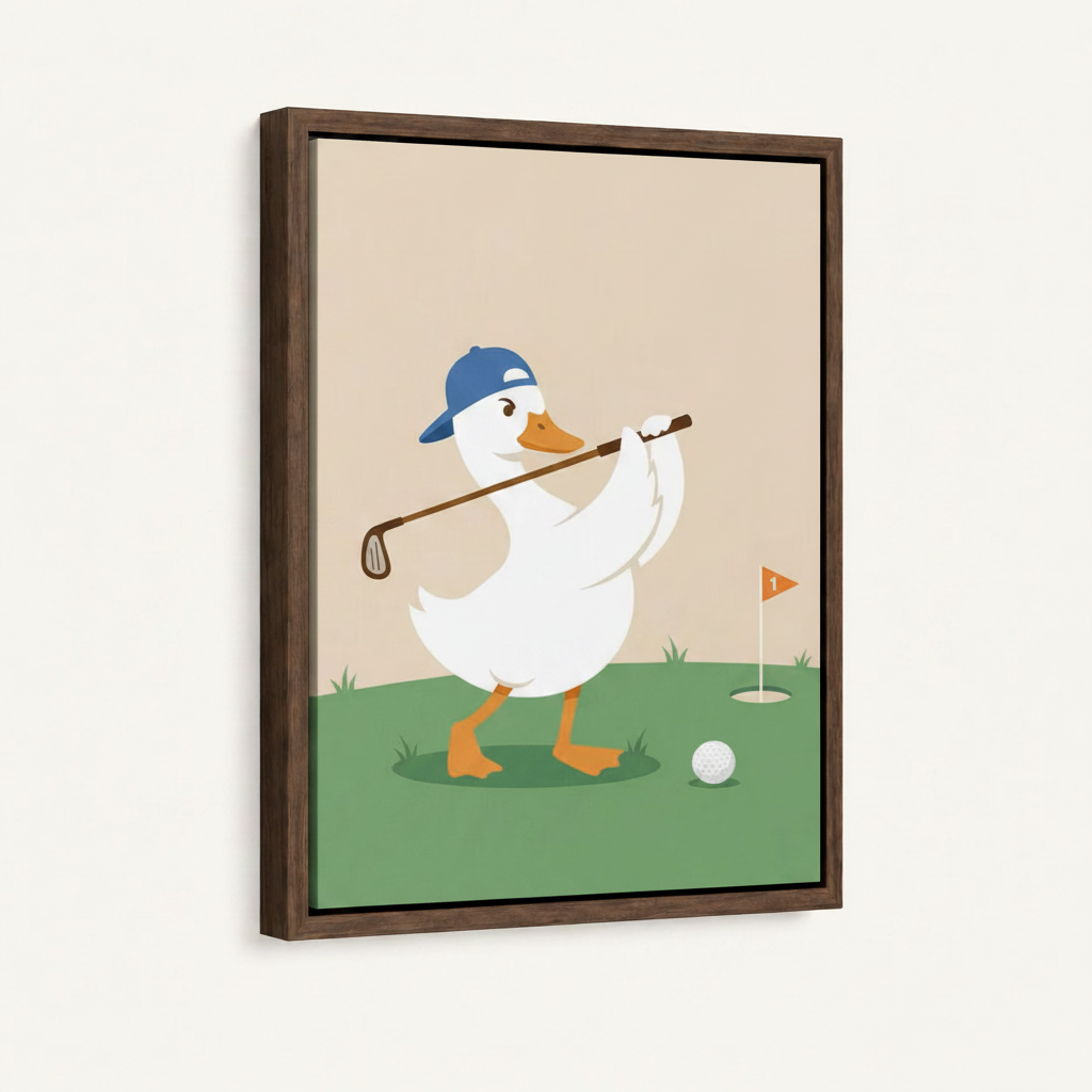 Close-up of framed golf duck canvas showing clean flat illustration style in dark walnut float frame on white background