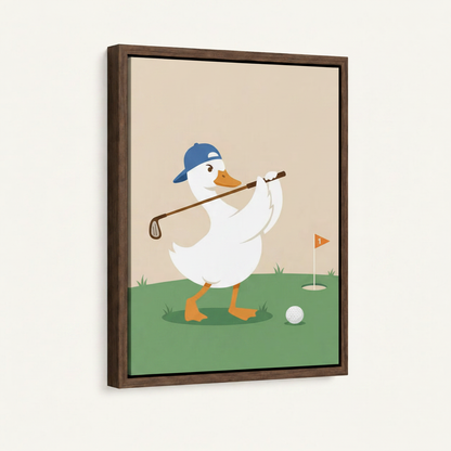 Close-up of framed golf duck canvas showing clean flat illustration style in dark walnut float frame on white background