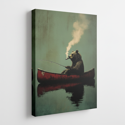 Humorous gentleman bear canoe stretched canvas print – unframed realist oil painting with dapper bear fishing in red canoe on still misty water by Aurewall