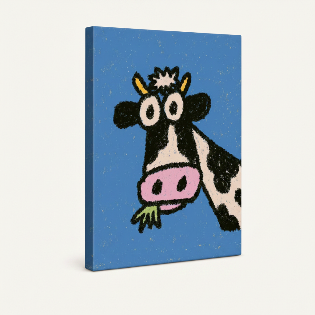 Gallery wrap canvas of funny black and white cow on cobalt blue background, three-quarter side view