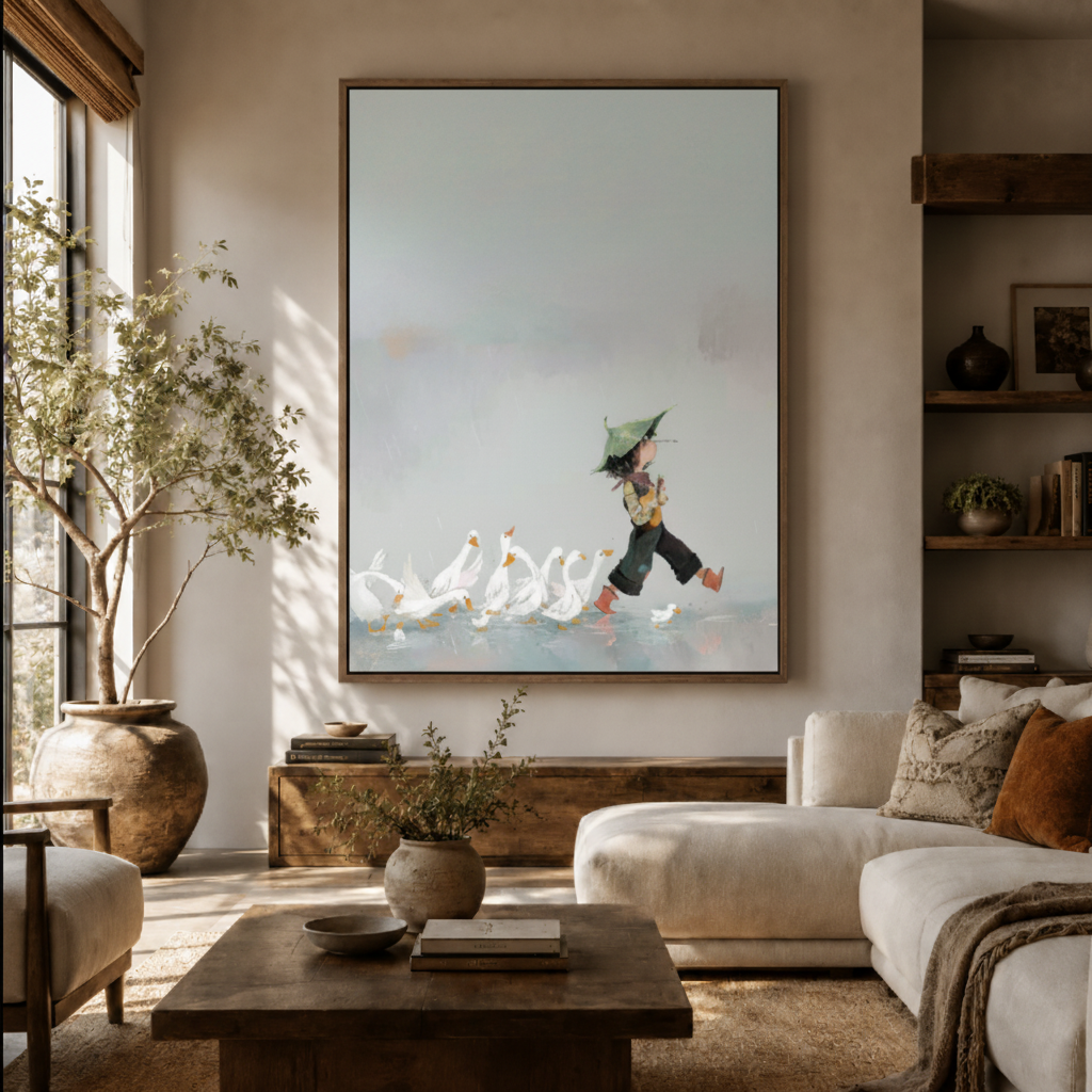Goose herder minimalist canvas wall art in living room – zen ink illustration with figure leading white geese displayed as calm statement piece above sofa by Aurewall