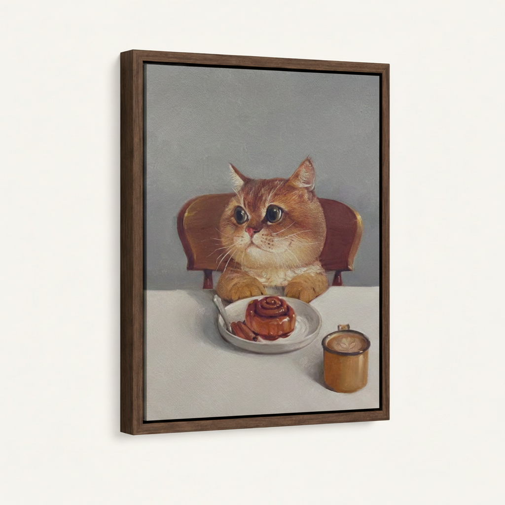 Cute cat oil painting in dark walnut floating frame, angled product view on white background
