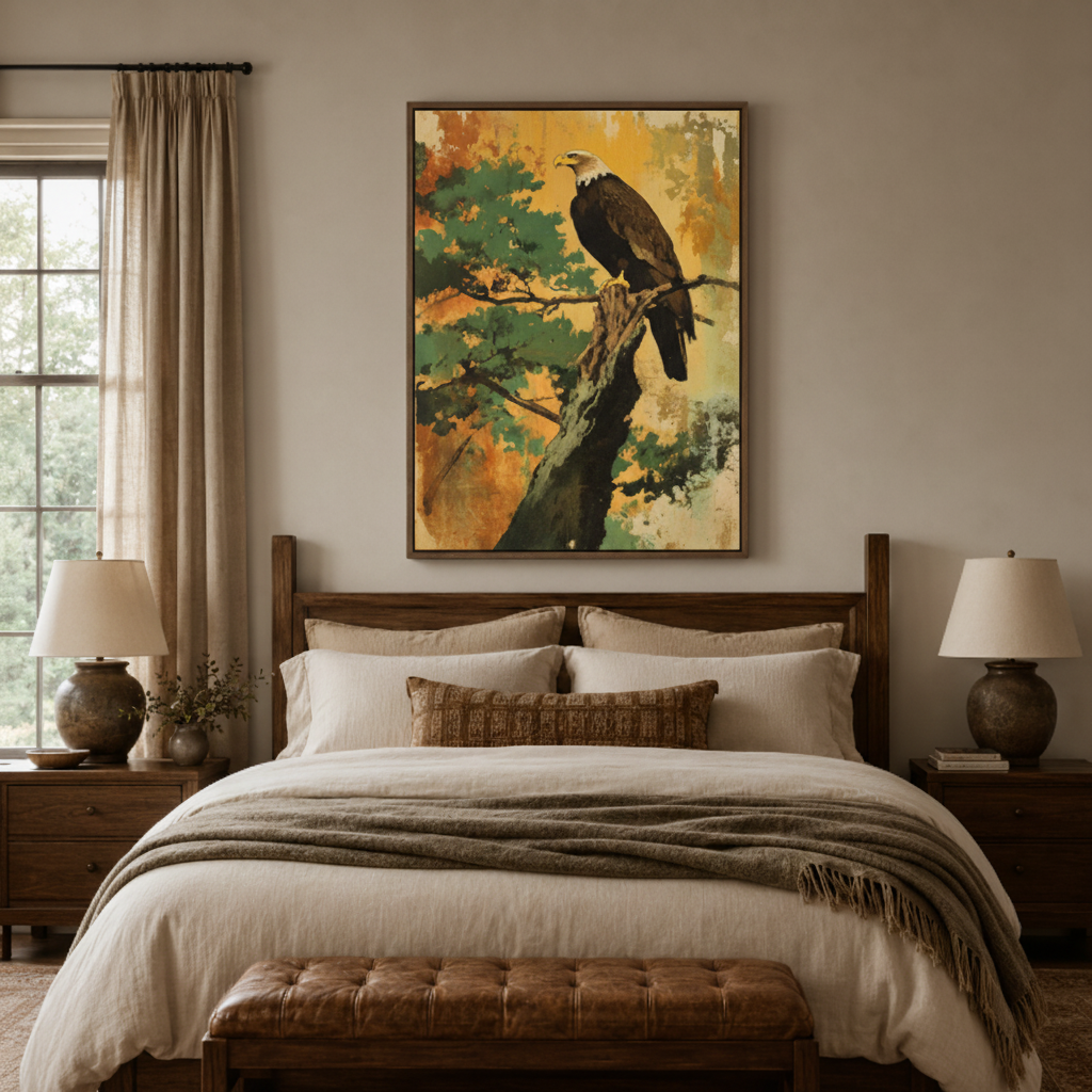 Bald eagle nature canvas print in study – vintage autumn wildlife painting as bold statement wall decor