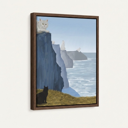 Cats on sea cliffs framed canvas in dark walnut float frame product view on white background