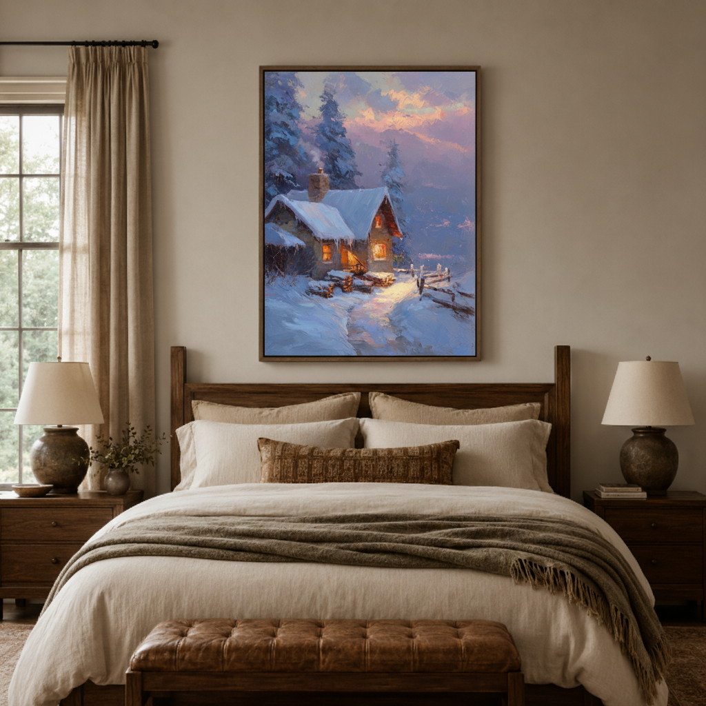 Impressionist winter cabin canvas print in bedroom – snowy night landscape painting with warm glowing cottage above bed by Aurewall