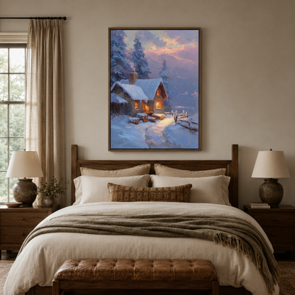 Impressionist winter cabin canvas print in bedroom – snowy night landscape painting with warm glowing cottage above bed by Aurewall