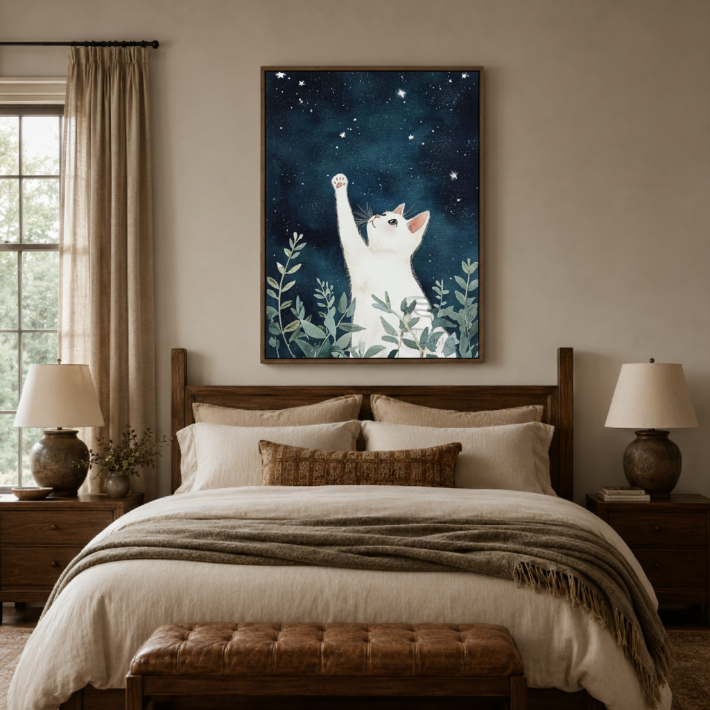 White cat starry sky canvas wall art bedroom detail – close-up of botanical illustration showing white cat paw raised toward glowing stars and soft green leaves by Aurewall