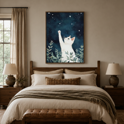 White cat starry sky canvas wall art bedroom detail – close-up of botanical illustration showing white cat paw raised toward glowing stars and soft green leaves by Aurewall