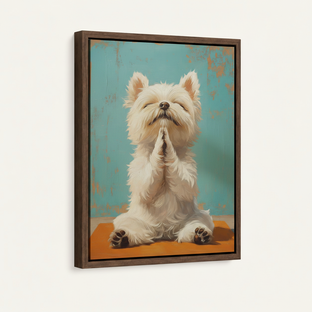 Funny dog canvas wall art in dark walnut float frame, angled product view on white background