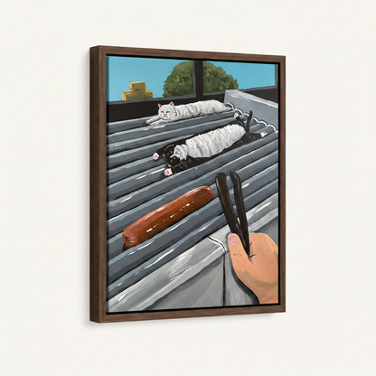 Framed canvas funny cat art in dark walnut float frame angled product view on white background
