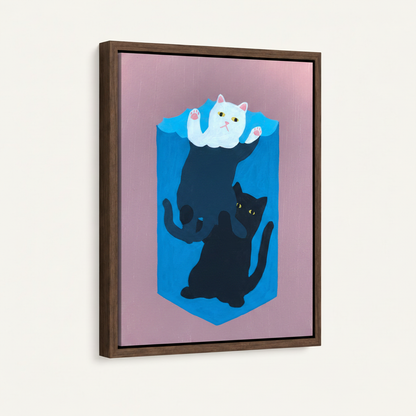 Framed whimsical cat tower canvas in dark walnut floater frame on white background