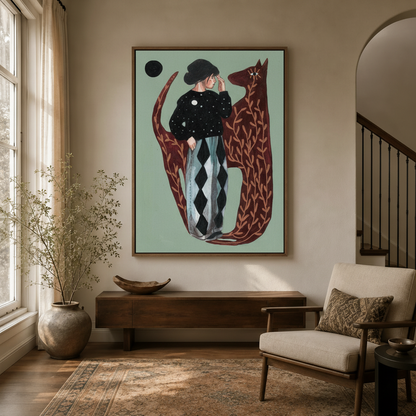 Girl and fox illustrated wall art hung in a cozy entryway with natural light and linen armchair