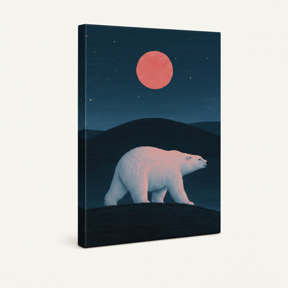 Stretched canvas print of white polar bear walking under large red moon on teal night sky