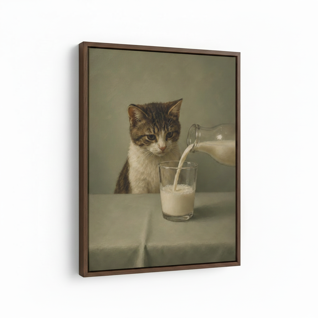 Framed hyperrealistic cat milk canvas print in dark walnut float frame, angled product view on white