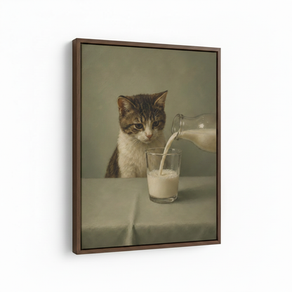 Framed hyperrealistic cat milk canvas print in dark walnut float frame, angled product view on white