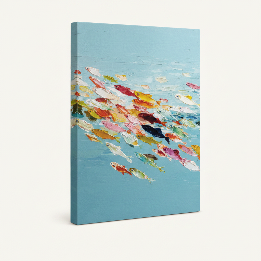Gallery wrap canvas of colorful fish school painting shown at angle on cream background