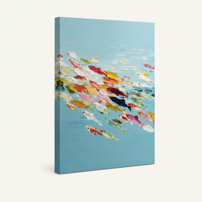 Gallery wrap canvas of colorful fish school painting shown at angle on cream background