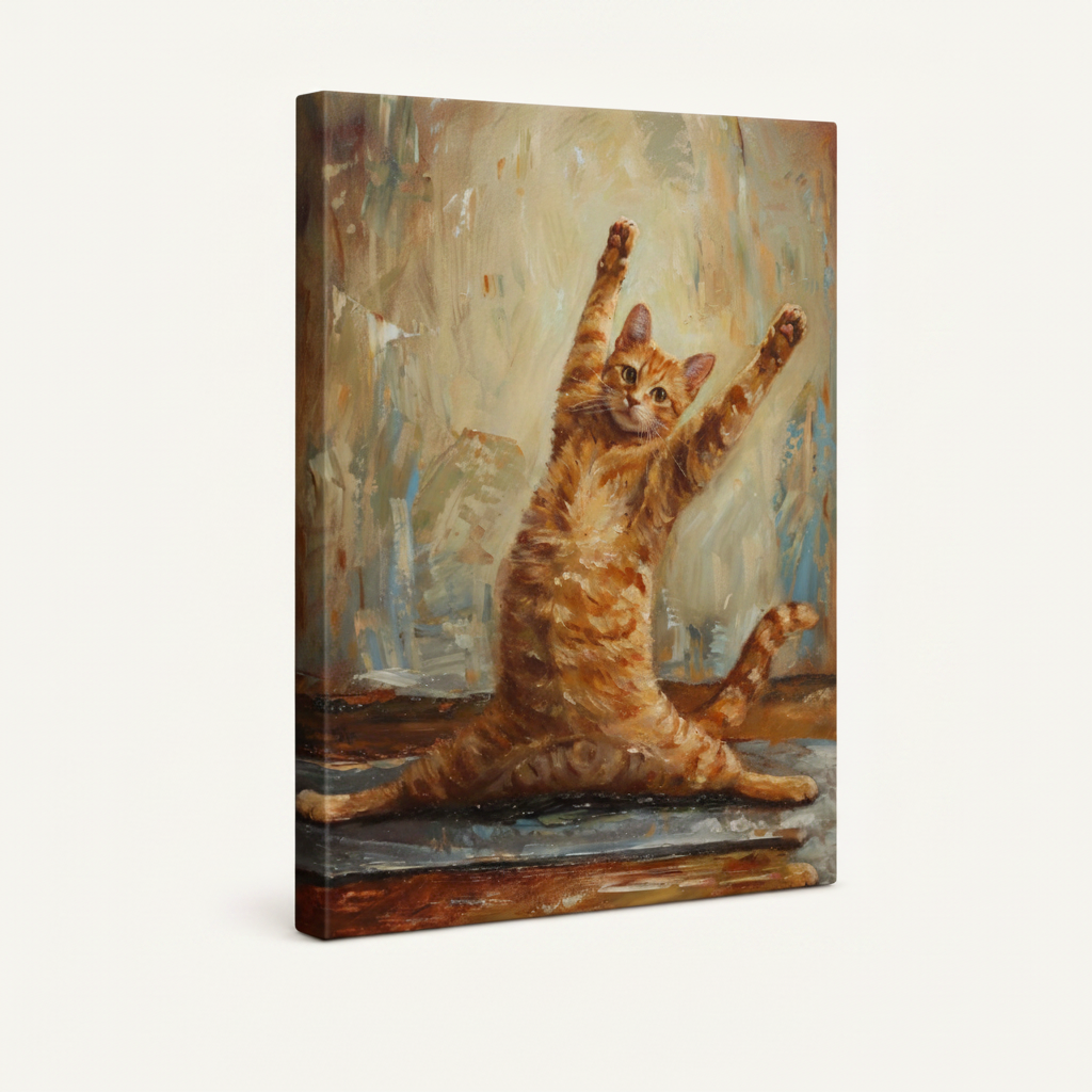 Gallery wrap stretched canvas side view of yoga cat oil painting with visible edges