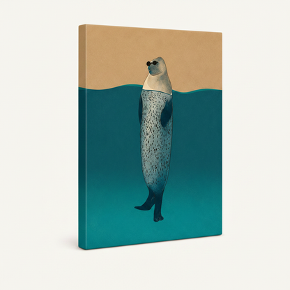 Gallery wrapped canvas of seal in sunglasses, teal painted sides, angled product view on off-white background