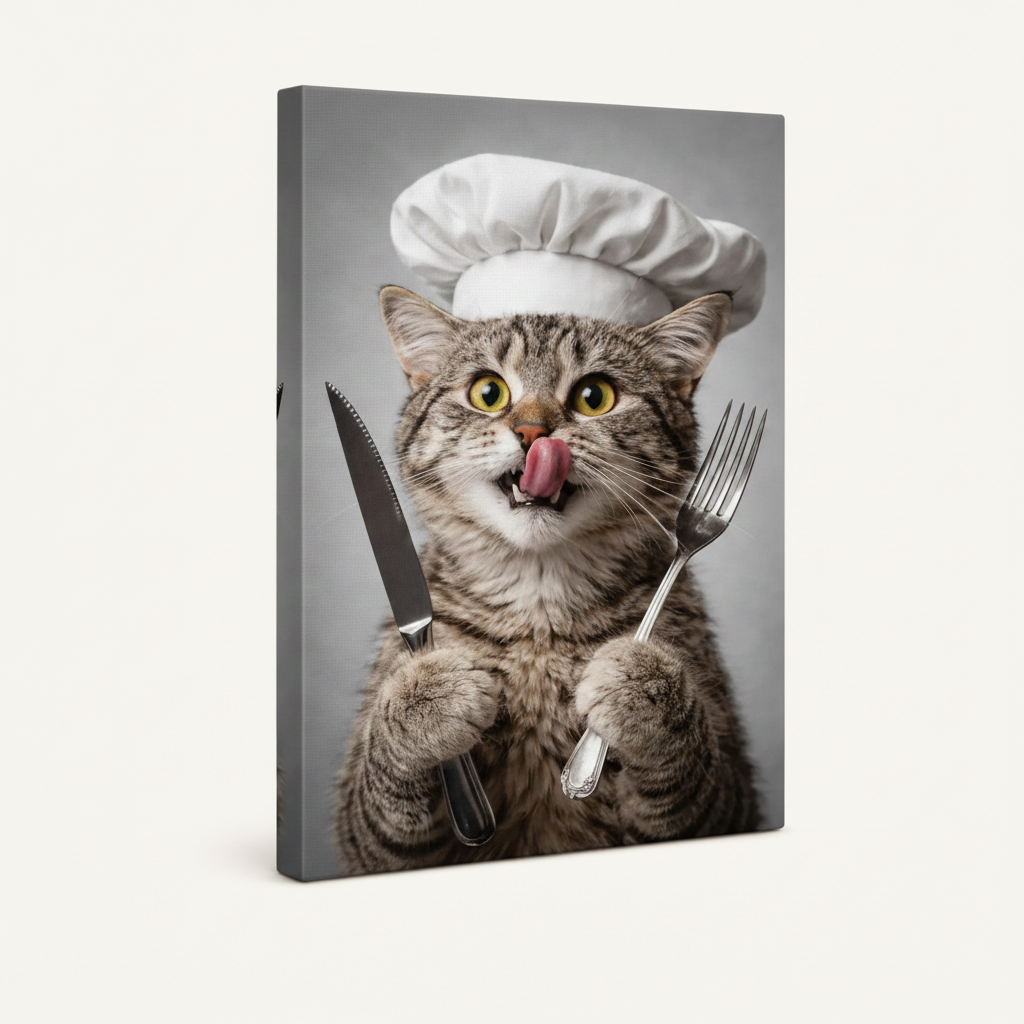 Stretched canvas funny chef cat portrait mockup shown at 3/4 angle on white background