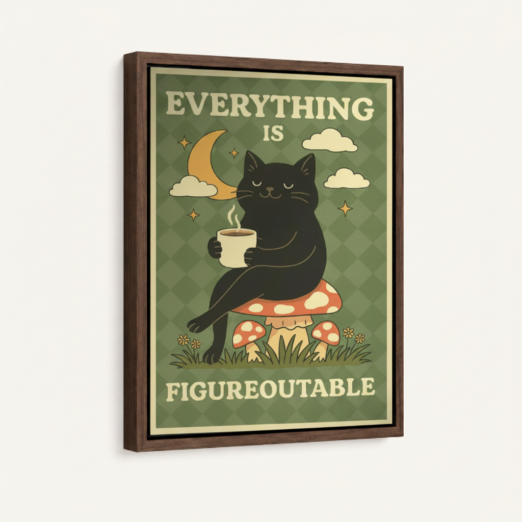 Black cat mushroom motivational framed canvas wall art – retro poster with black cat holding coffee on colorful mushrooms and Everything Is Figureoutable text by Aurewall