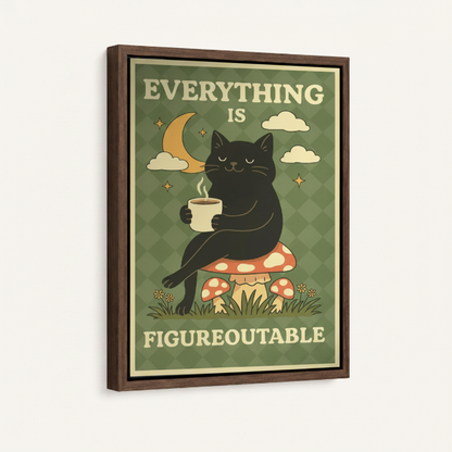 Black cat mushroom motivational framed canvas wall art – retro poster with black cat holding coffee on colorful mushrooms and Everything Is Figureoutable text by Aurewall