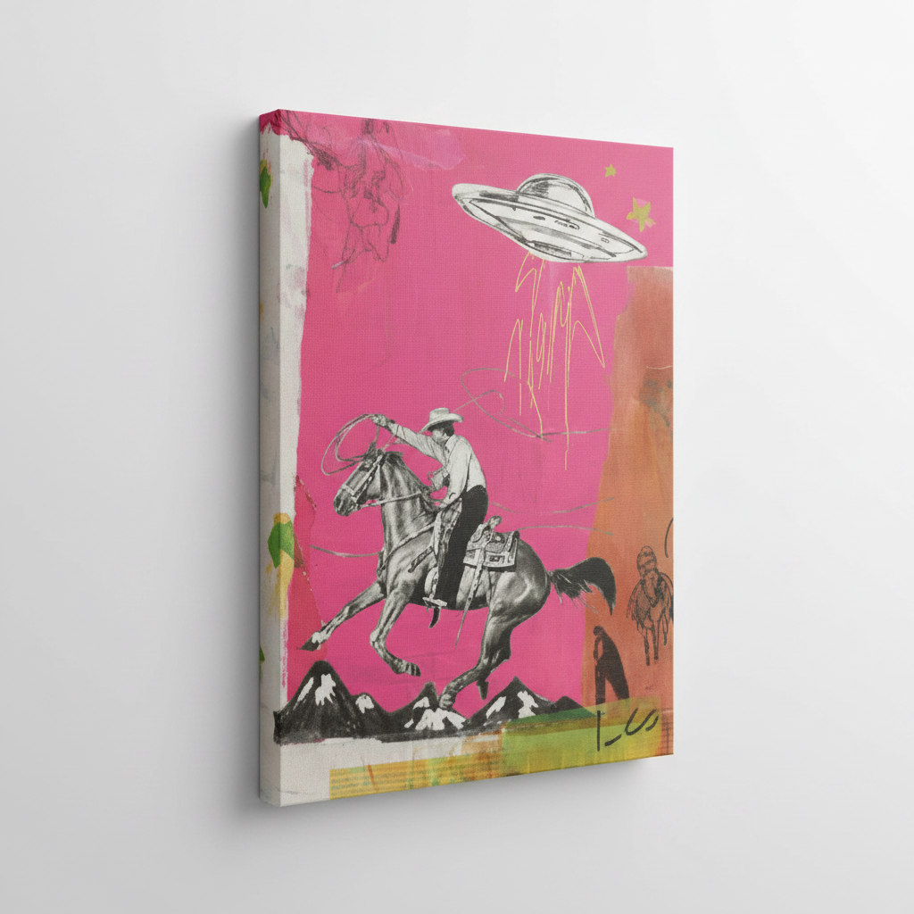 Surreal cowboy UFO stretched canvas print – pink western sci-fi pop art wall art with graffiti brushstrokes, unframed by Aurewall