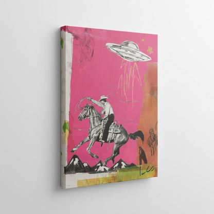 Surreal cowboy UFO stretched canvas print – pink western sci-fi pop art wall art with graffiti brushstrokes, unframed by Aurewall