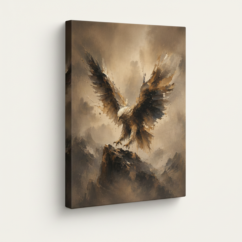 Majestic eagle soaring stretched canvas print – unframed realist oil painting with eagle taking flight over misty mountain in golden warm tones by Aurewall