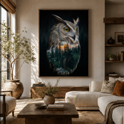 Double exposure owl canvas wall art in living room – dark forest nature print displayed above sofa by Aurewall