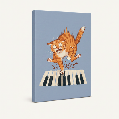 Stretched canvas gallery wrap of orange tabby cat jumping on piano keys, side angle view