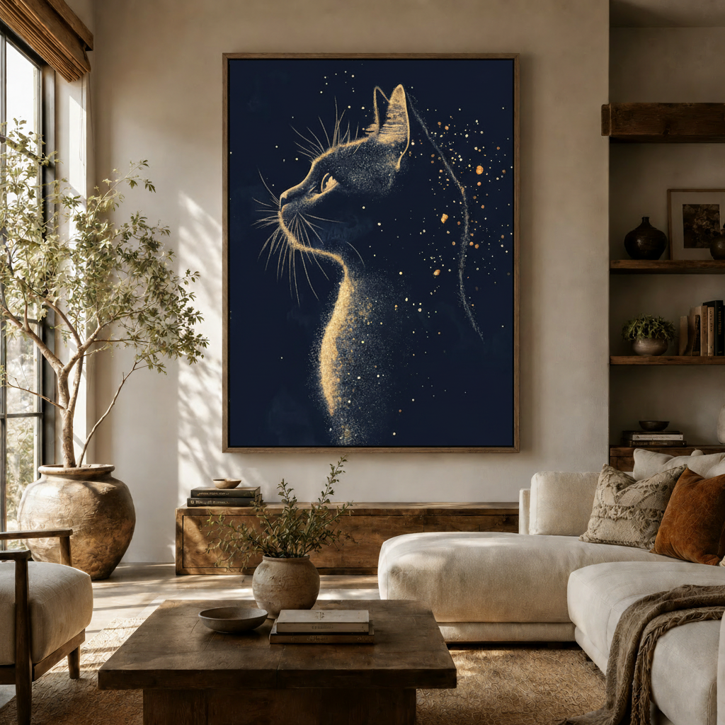 Large mystical cat canvas art in Japandi living room above wooden sideboard