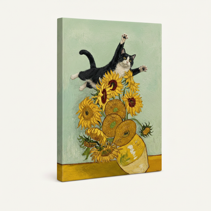 Tuxedo cat leaping over sunflowers gallery wrap canvas, side profile showing wrapped edges on neutral background