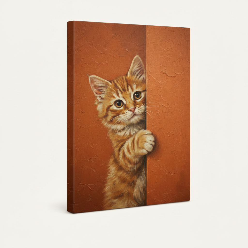 Stretched canvas side view of peeking kitten painting – terracotta background cute cat wall art by Aurewall